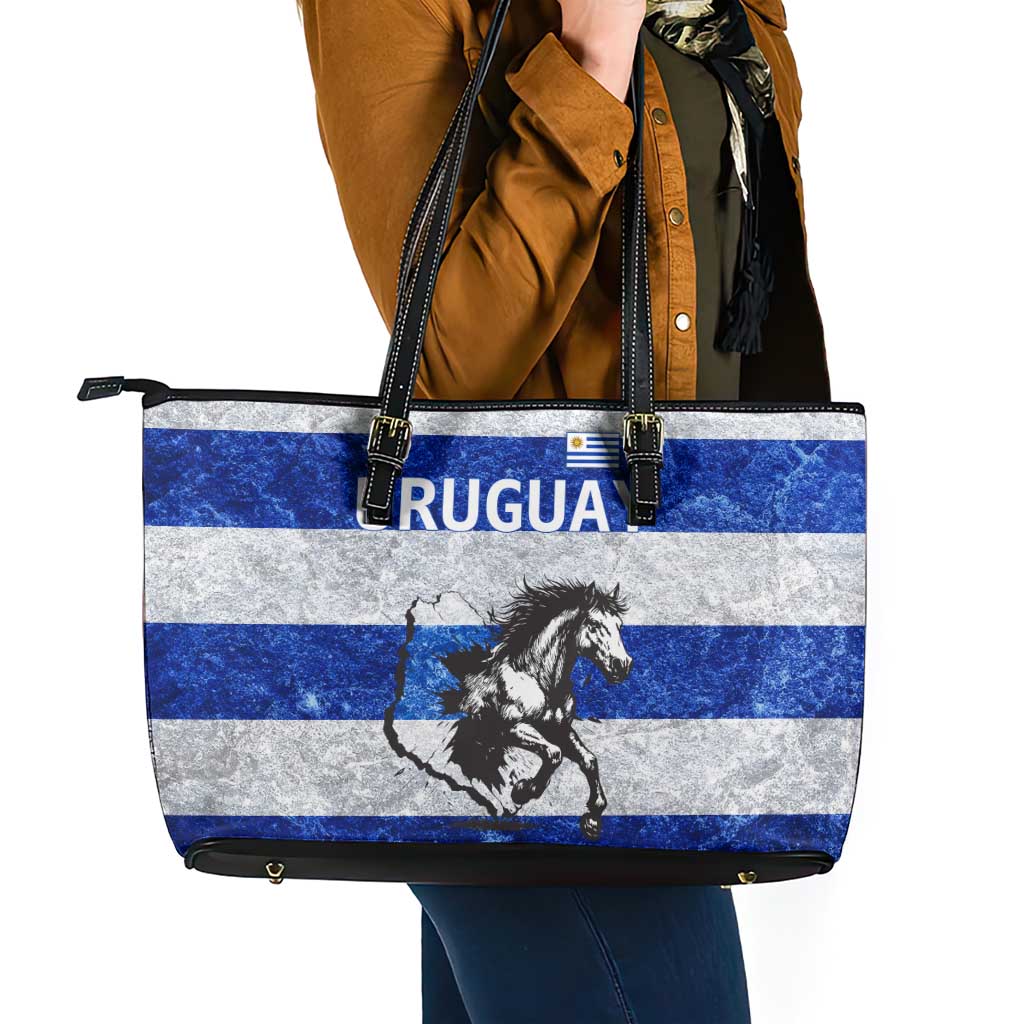 Uruguay Leather Tote Bag with Wild Horse Illustration Blue Gray Striped - Wonder Print Shop