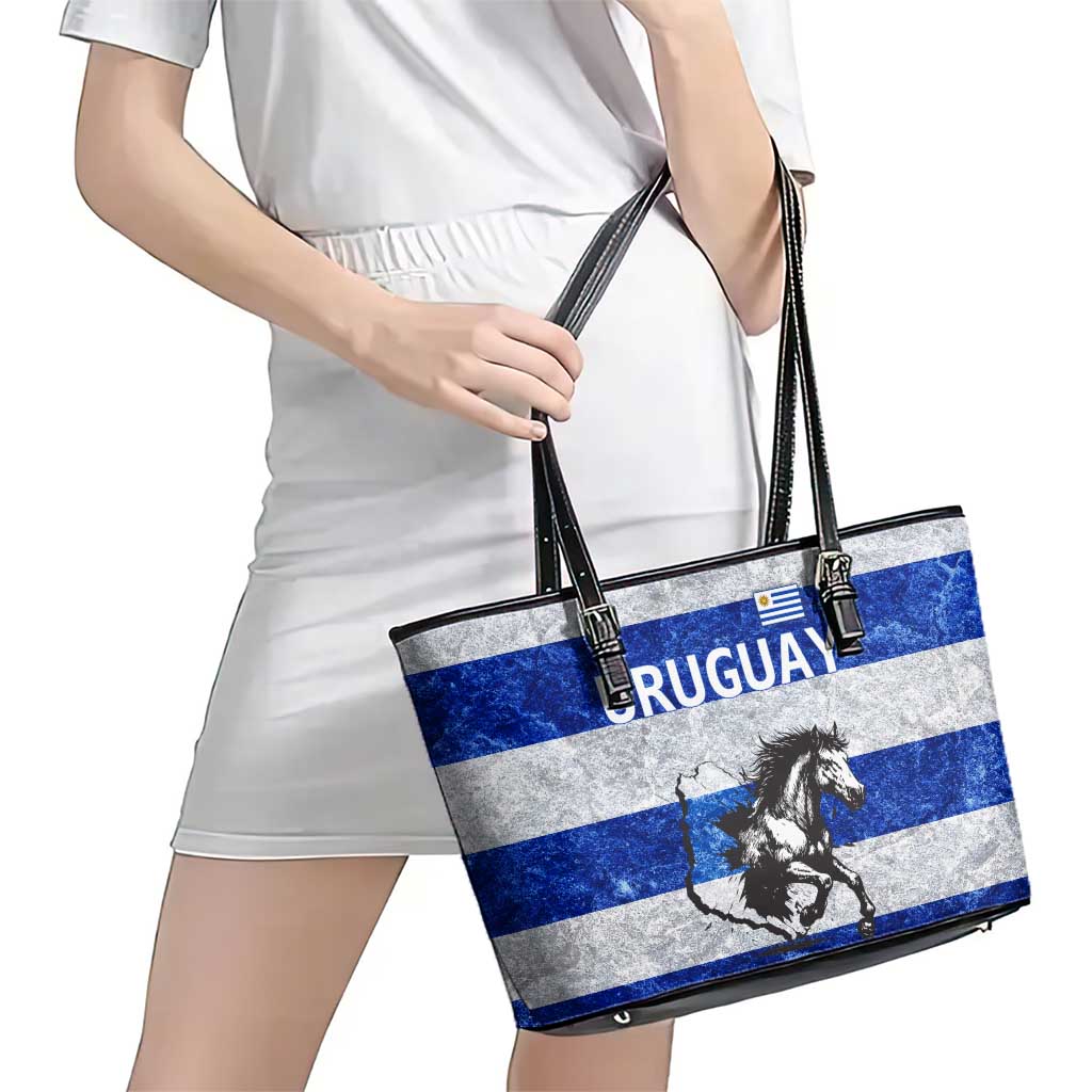 Uruguay Leather Tote Bag with Wild Horse Illustration Blue Gray Striped - Wonder Print Shop