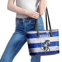 Uruguay Leather Tote Bag with Wild Horse Illustration Blue Gray Striped - Wonder Print Shop