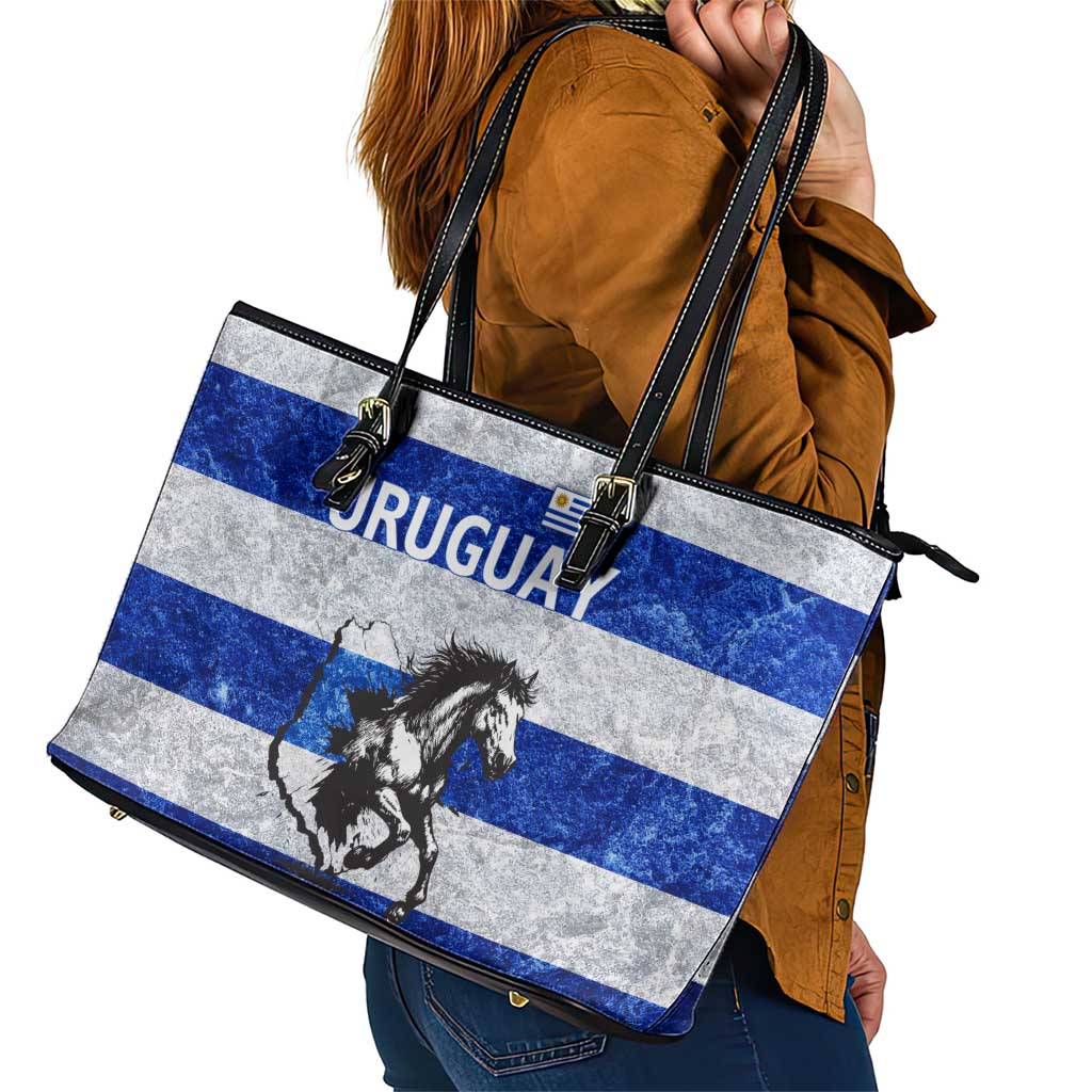 Uruguay Leather Tote Bag with Wild Horse Illustration Blue Gray Striped - Wonder Print Shop