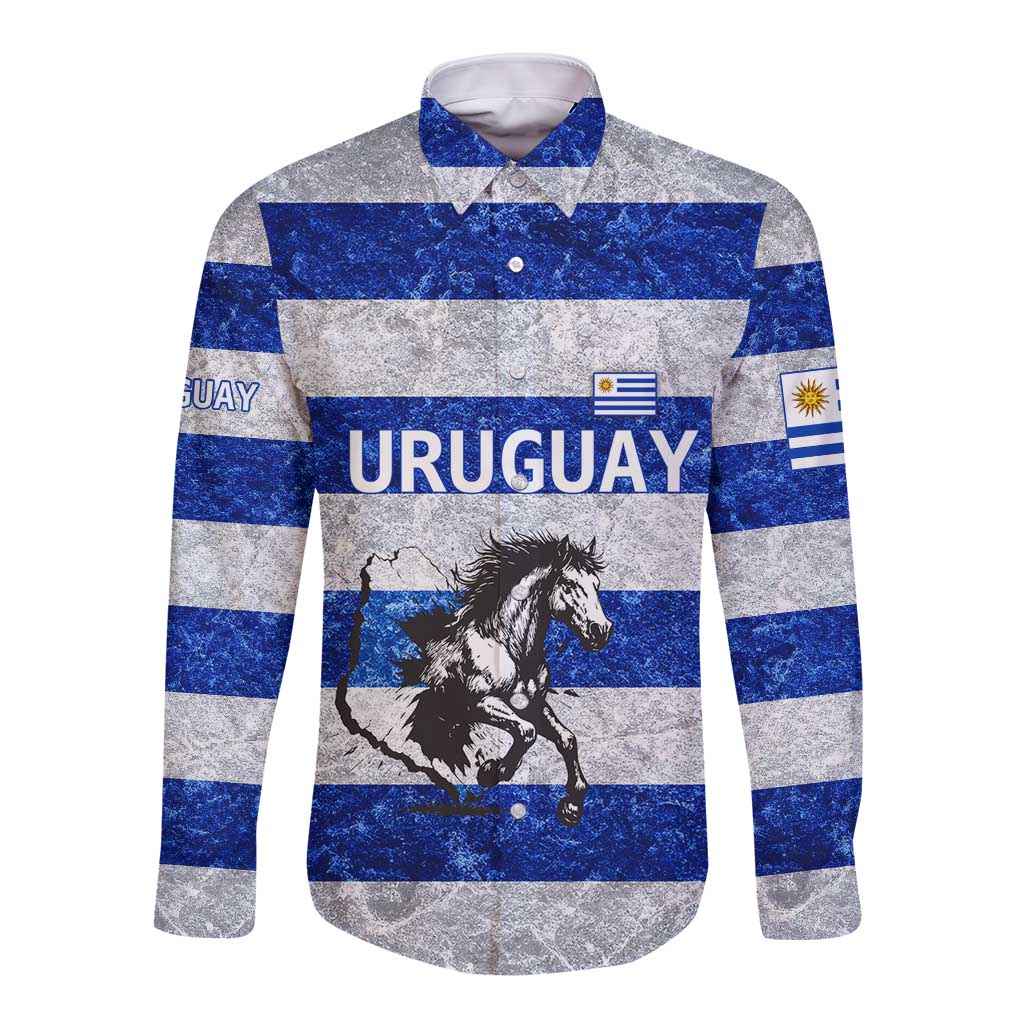 Uruguay Long Sleeve Button Shirt with Wild Horse Illustration Blue Gray Striped - Wonder Print Shop