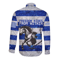 Uruguay Long Sleeve Button Shirt with Wild Horse Illustration Blue Gray Striped - Wonder Print Shop