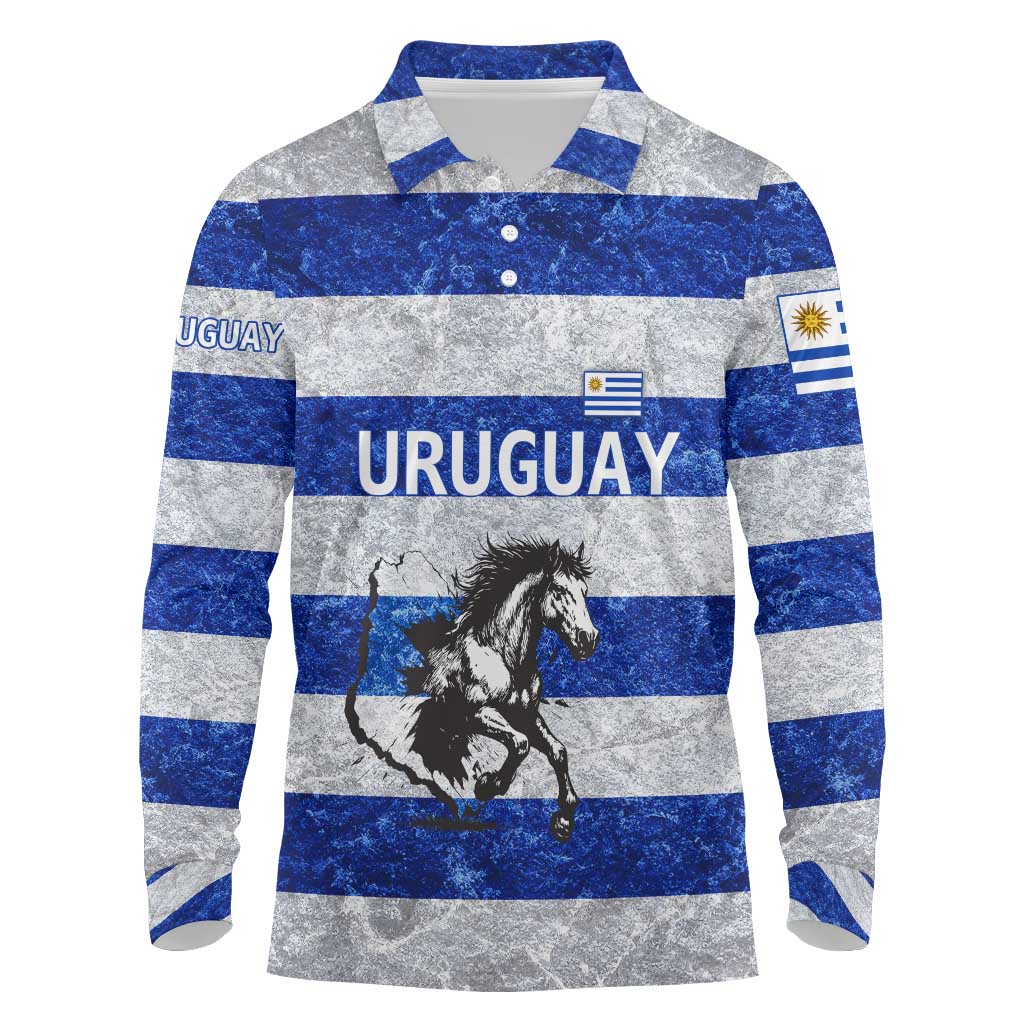 Uruguay Long Sleeve Polo Shirt with Wild Horse Illustration Blue Gray Striped - Wonder Print Shop