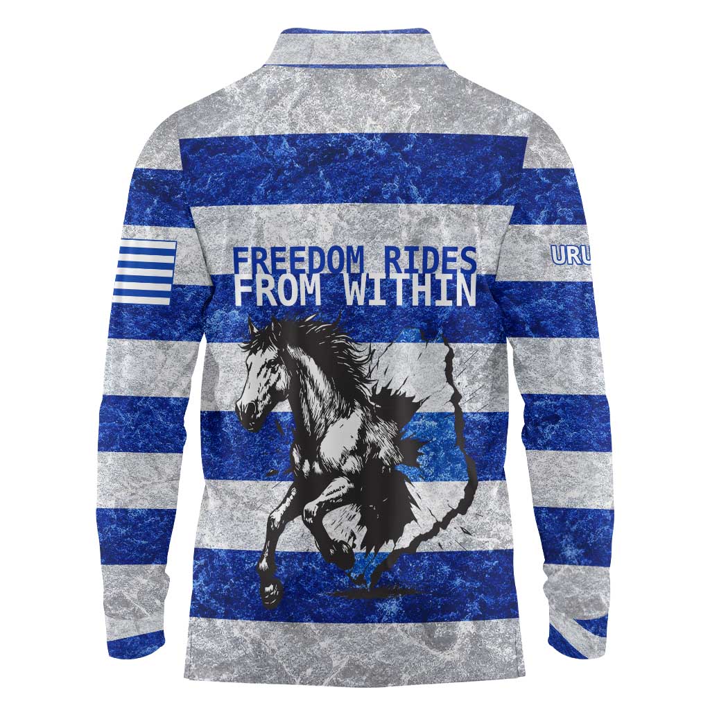 Uruguay Long Sleeve Polo Shirt with Wild Horse Illustration Blue Gray Striped - Wonder Print Shop