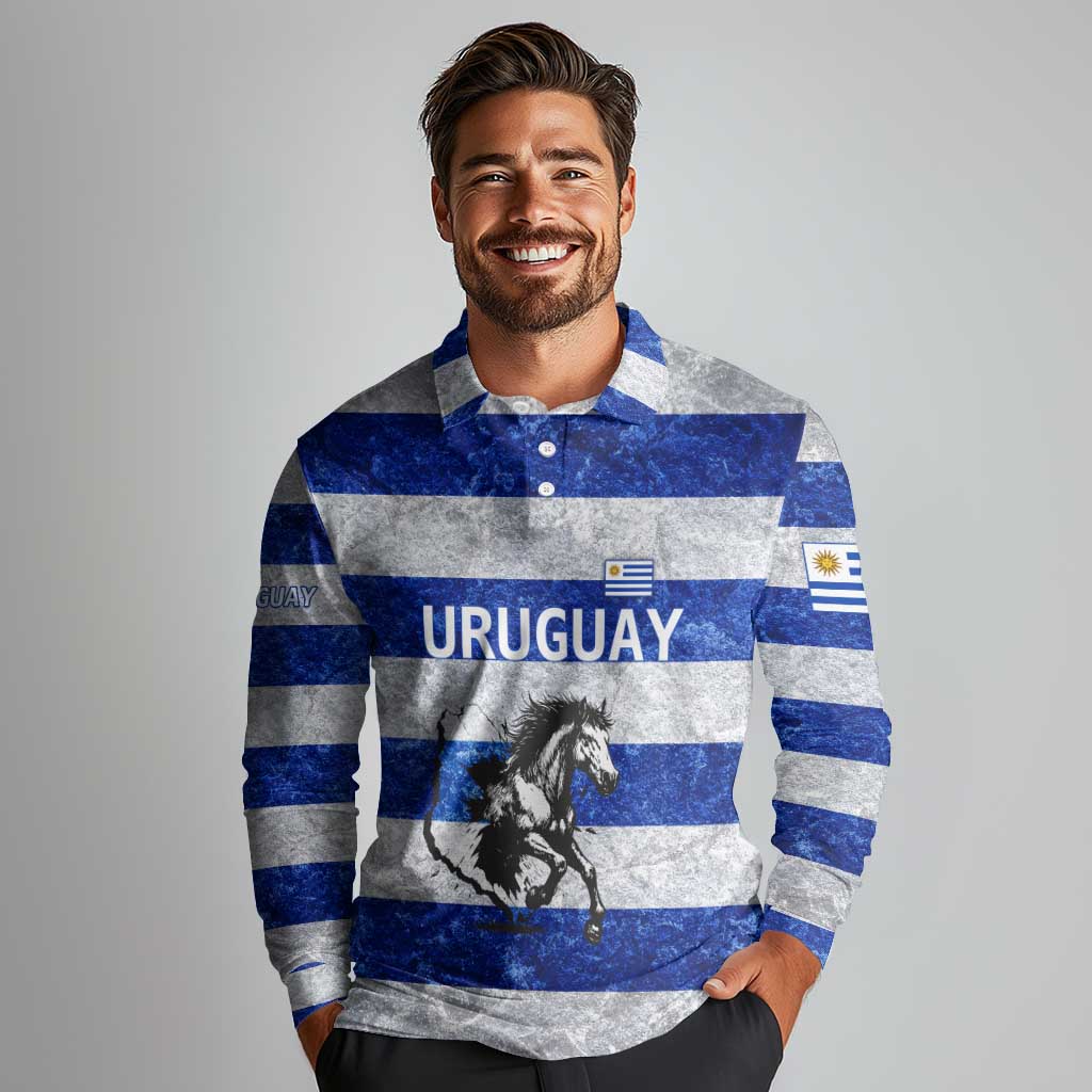 Uruguay Long Sleeve Polo Shirt with Wild Horse Illustration Blue Gray Striped - Wonder Print Shop