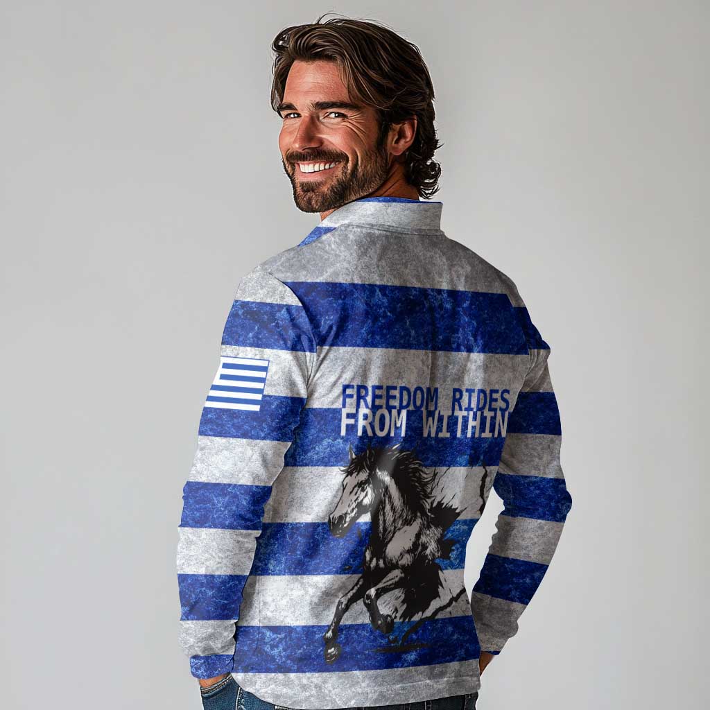Uruguay Long Sleeve Polo Shirt with Wild Horse Illustration Blue Gray Striped - Wonder Print Shop