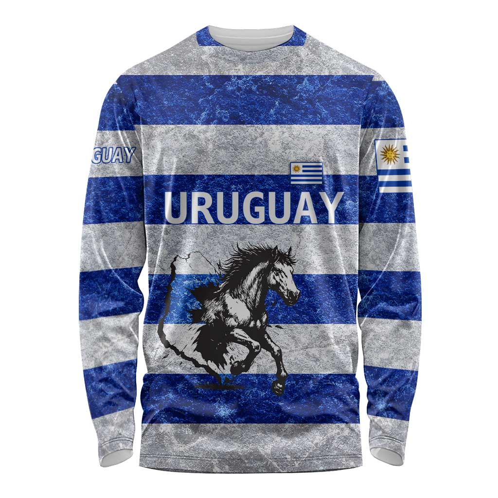 Uruguay Long Sleeve Shirt with Wild Horse Illustration Blue Gray Striped - Wonder Print Shop