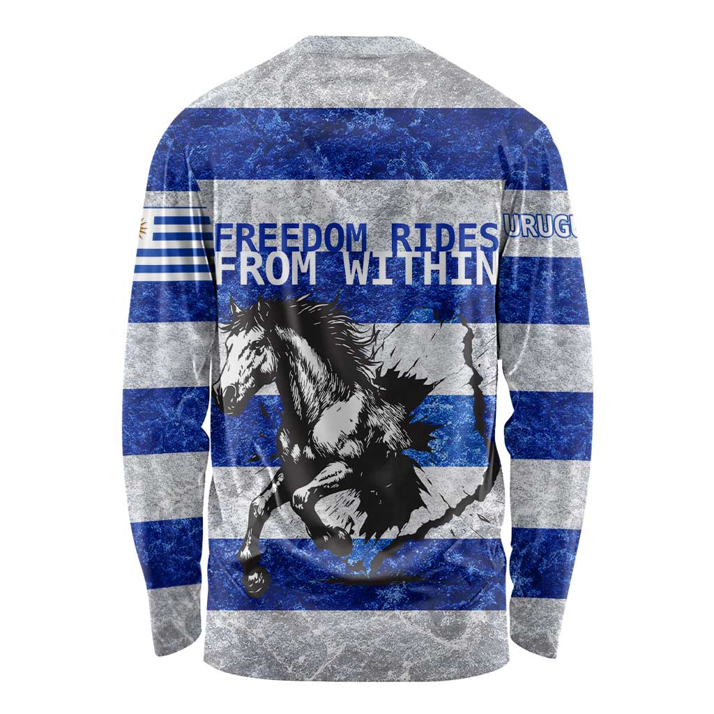 Uruguay Long Sleeve Shirt with Wild Horse Illustration Blue Gray Striped - Wonder Print Shop