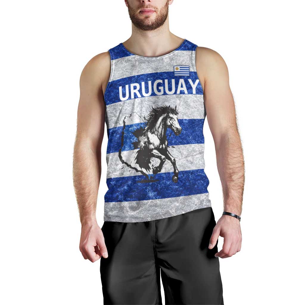 Uruguay Men Tank Top with Wild Horse Illustration Blue Gray Striped - Wonder Print Shop
