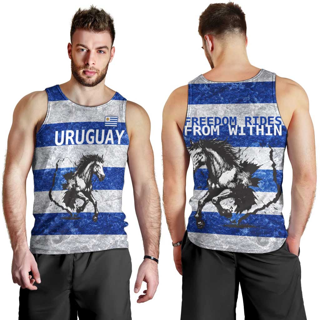 Uruguay Men Tank Top with Wild Horse Illustration Blue Gray Striped - Wonder Print Shop