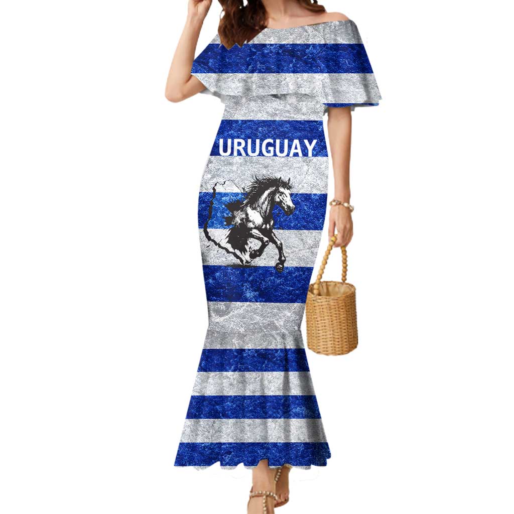 Uruguay Mermaid Dress with Wild Horse Illustration Blue Gray Striped - Wonder Print Shop