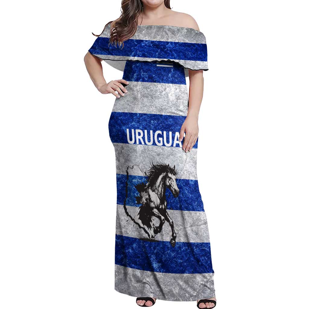 Uruguay Off Shoulder Maxi Dress with Wild Horse Illustration Blue Gray Striped - Wonder Print Shop