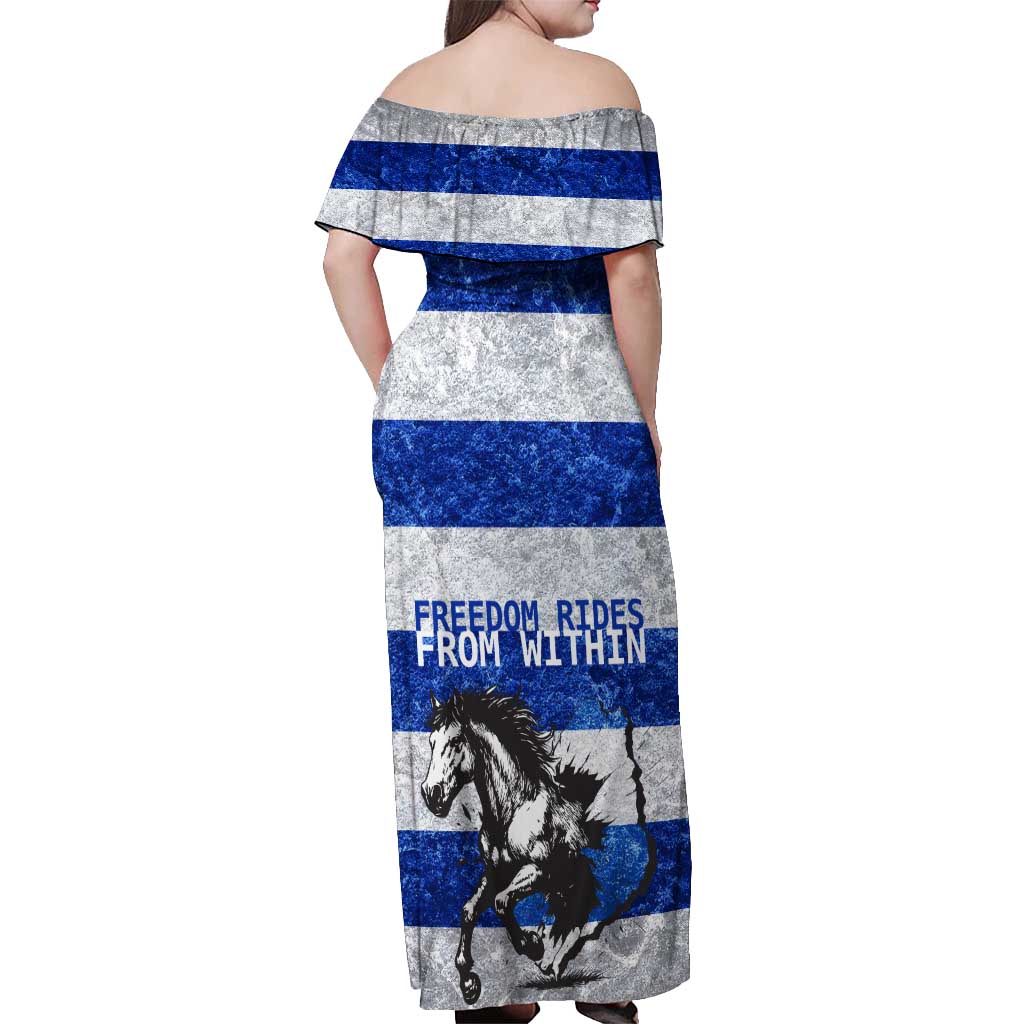 Uruguay Off Shoulder Maxi Dress with Wild Horse Illustration Blue Gray Striped - Wonder Print Shop