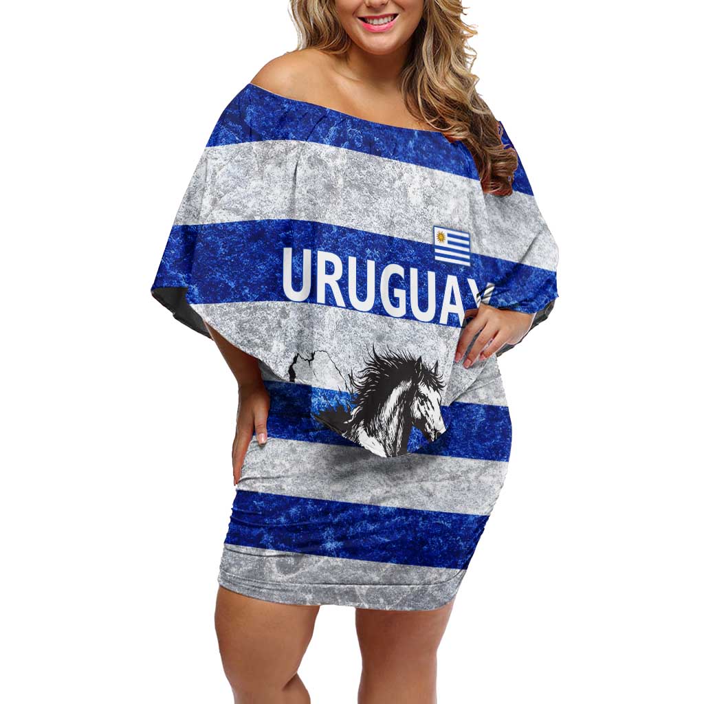 Uruguay Off Shoulder Short Dress with Wild Horse Illustration Blue Gray Striped - Wonder Print Shop