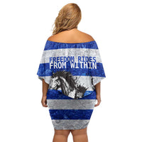 Uruguay Off Shoulder Short Dress with Wild Horse Illustration Blue Gray Striped - Wonder Print Shop