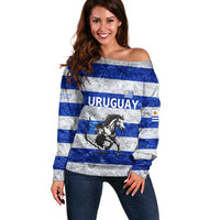 Uruguay Off Shoulder Sweater with Wild Horse Illustration Blue Gray Striped - Wonder Print Shop