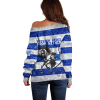 Uruguay Off Shoulder Sweater with Wild Horse Illustration Blue Gray Striped - Wonder Print Shop