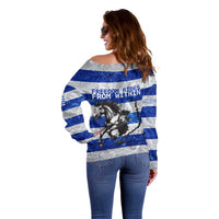 Uruguay Off Shoulder Sweater with Wild Horse Illustration Blue Gray Striped - Wonder Print Shop
