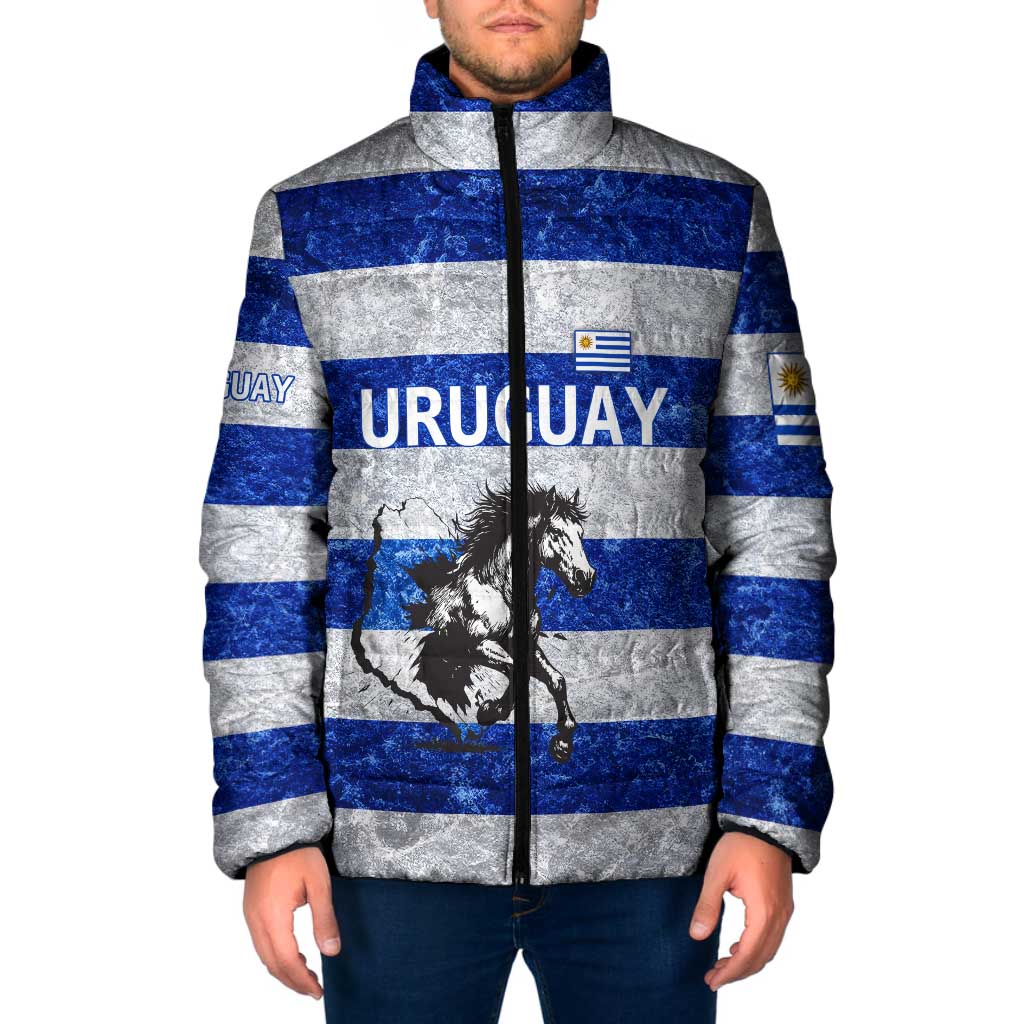 Uruguay Padded Jacket with Wild Horse Illustration Blue Gray Striped - Wonder Print Shop