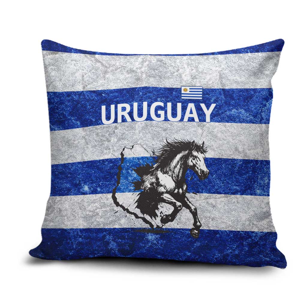 Uruguay Pillow Cover with Wild Horse Illustration Blue Gray Striped - Wonder Print Shop