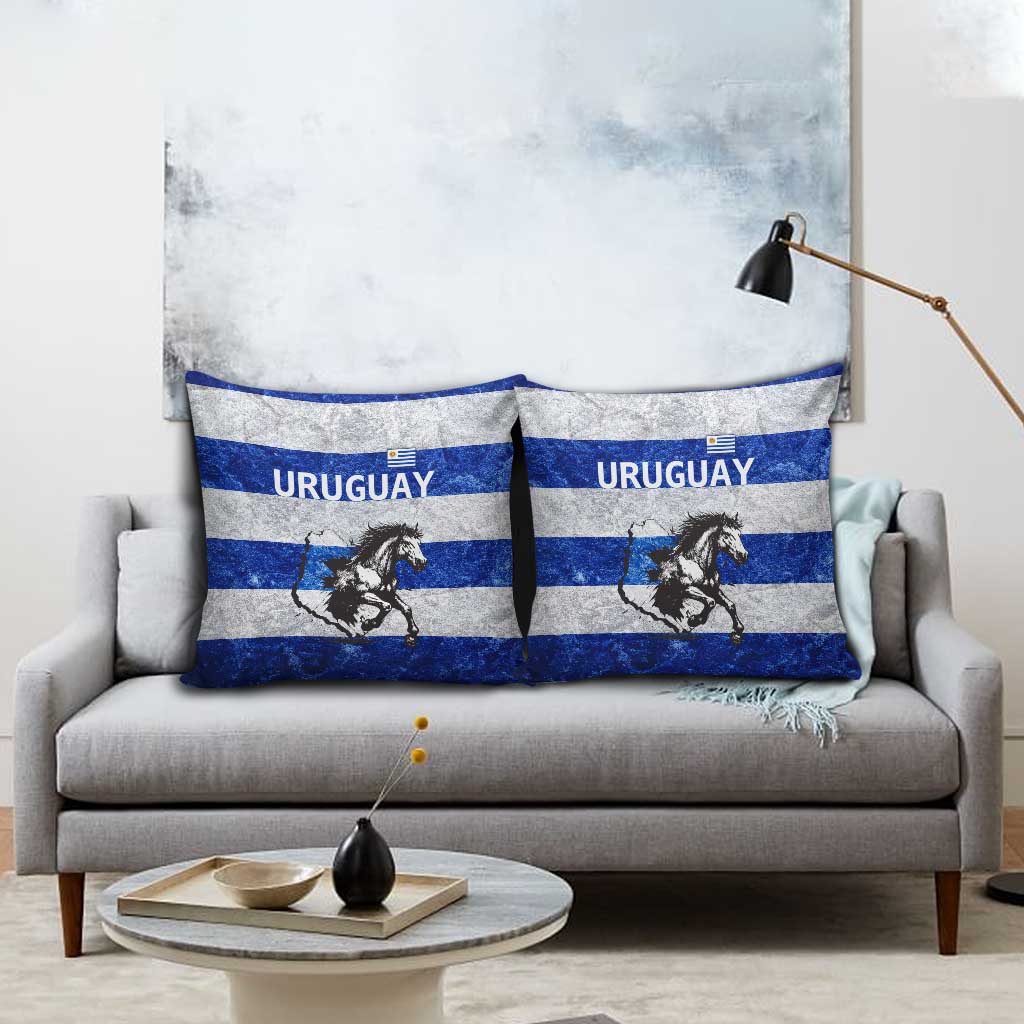 Uruguay Pillow Cover with Wild Horse Illustration Blue Gray Striped - Wonder Print Shop