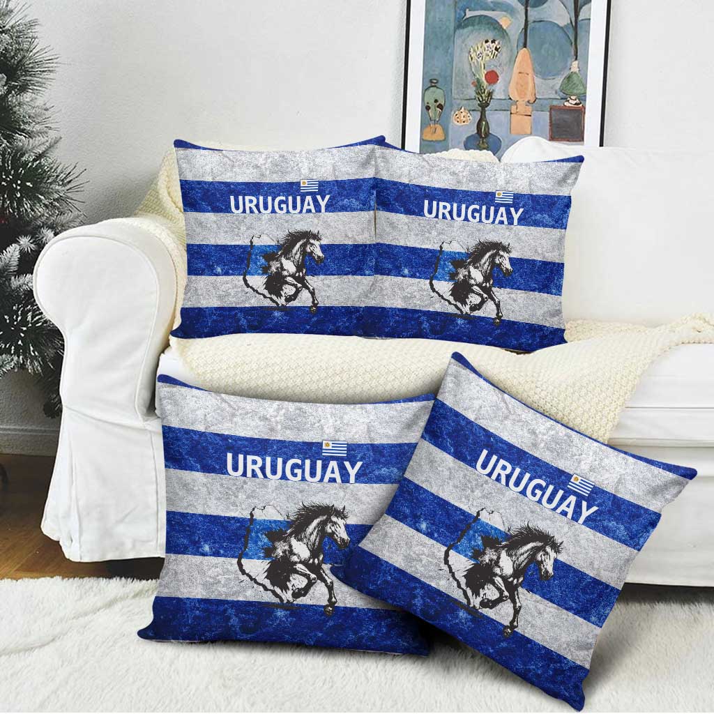 Uruguay Pillow Cover with Wild Horse Illustration Blue Gray Striped - Wonder Print Shop