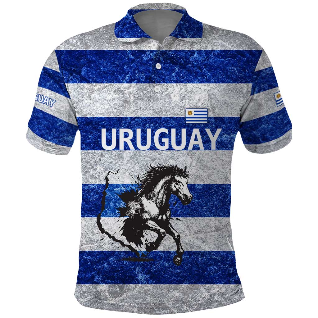 Uruguay Polo Shirt with Wild Horse Illustration Blue Gray Striped - Wonder Print Shop