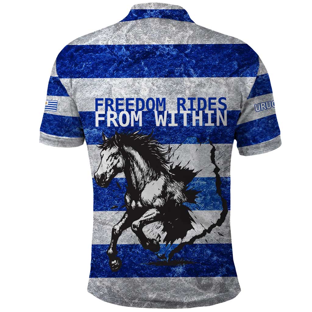 Uruguay Polo Shirt with Wild Horse Illustration Blue Gray Striped - Wonder Print Shop