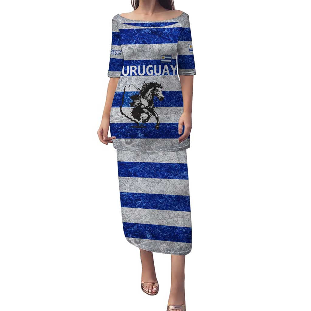 Uruguay Puletasi with Wild Horse Illustration Blue Gray Striped - Wonder Print Shop