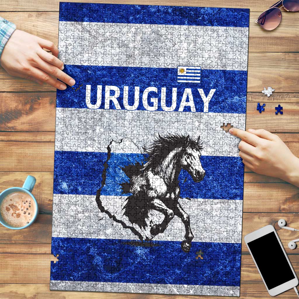 Uruguay Puzzle with Wild Horse Illustration Blue Gray Striped - Wonder Print Shop