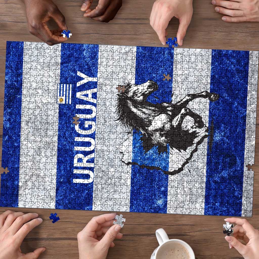 Uruguay Puzzle with Wild Horse Illustration Blue Gray Striped - Wonder Print Shop