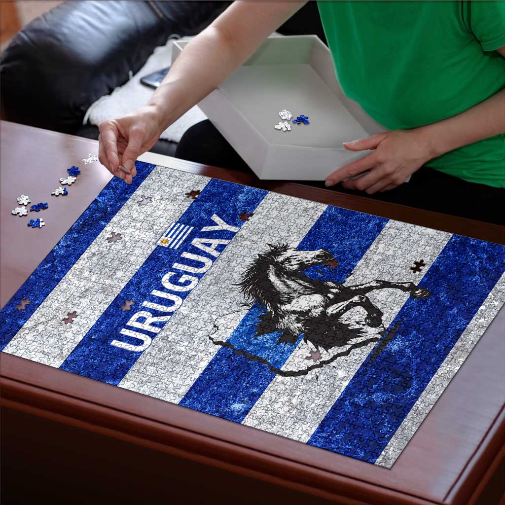 Uruguay Puzzle with Wild Horse Illustration Blue Gray Striped - Wonder Print Shop
