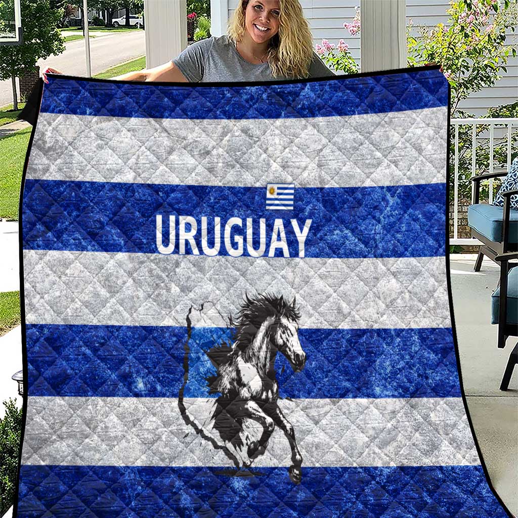 Uruguay Quilt with Wild Horse Illustration Blue Gray Striped - Wonder Print Shop