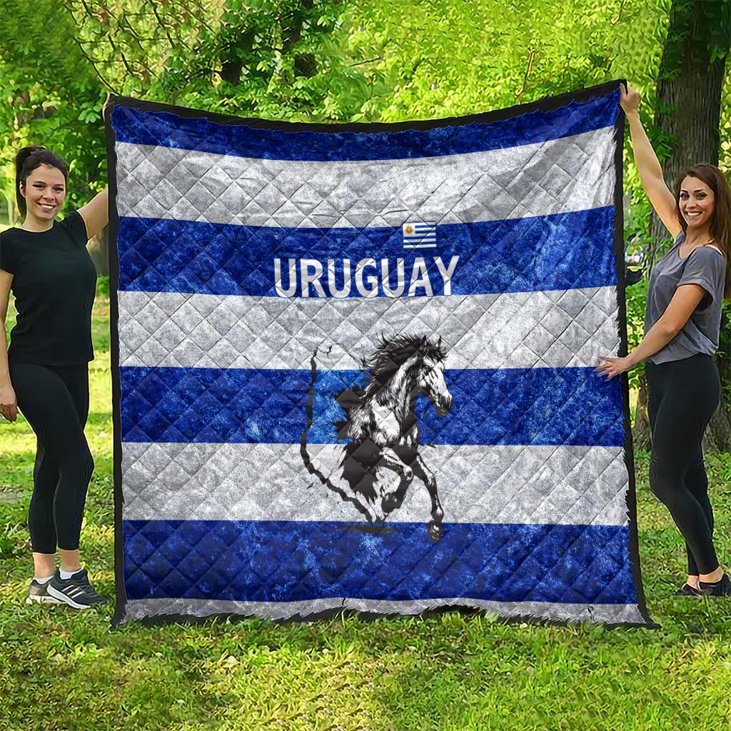 Uruguay Quilt with Wild Horse Illustration Blue Gray Striped - Wonder Print Shop