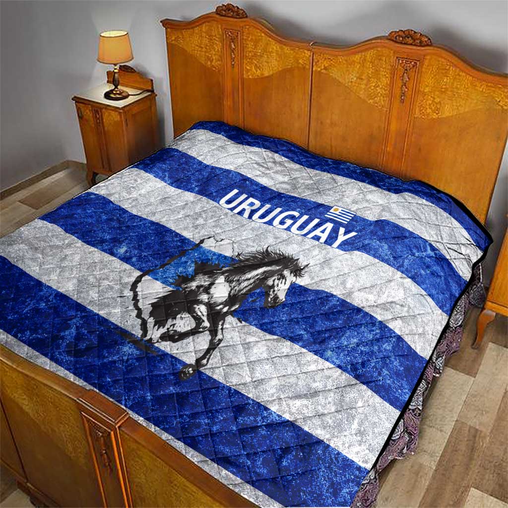 Uruguay Quilt with Wild Horse Illustration Blue Gray Striped - Wonder Print Shop