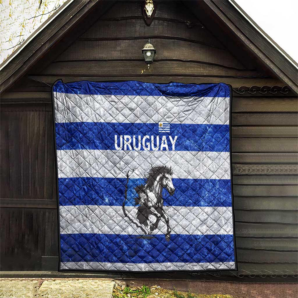 Uruguay Quilt with Wild Horse Illustration Blue Gray Striped - Wonder Print Shop