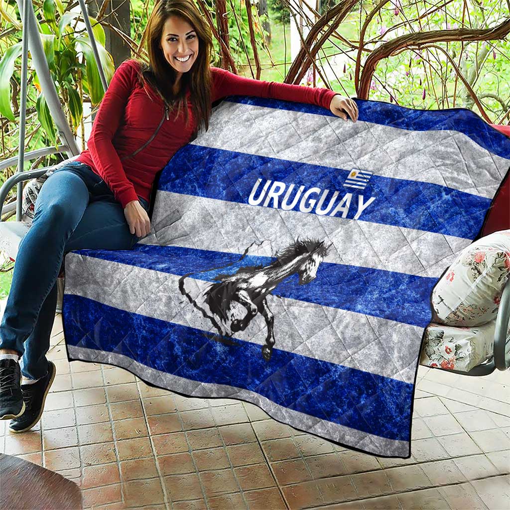 Uruguay Quilt with Wild Horse Illustration Blue Gray Striped - Wonder Print Shop