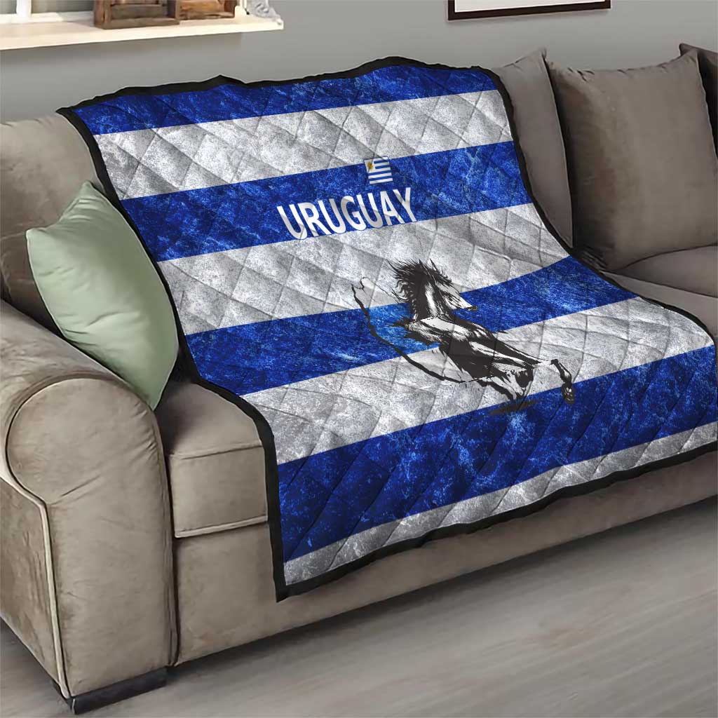 Uruguay Quilt with Wild Horse Illustration Blue Gray Striped - Wonder Print Shop