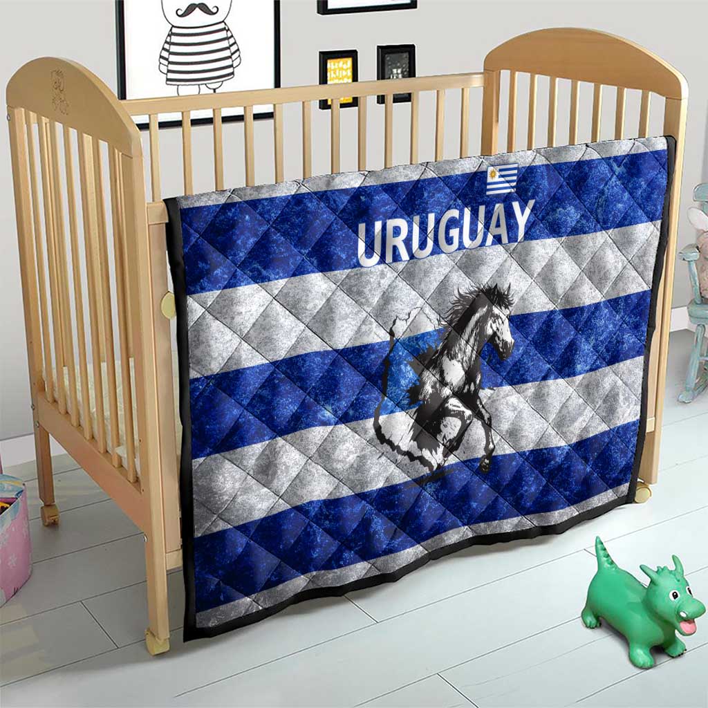 Uruguay Quilt with Wild Horse Illustration Blue Gray Striped - Wonder Print Shop
