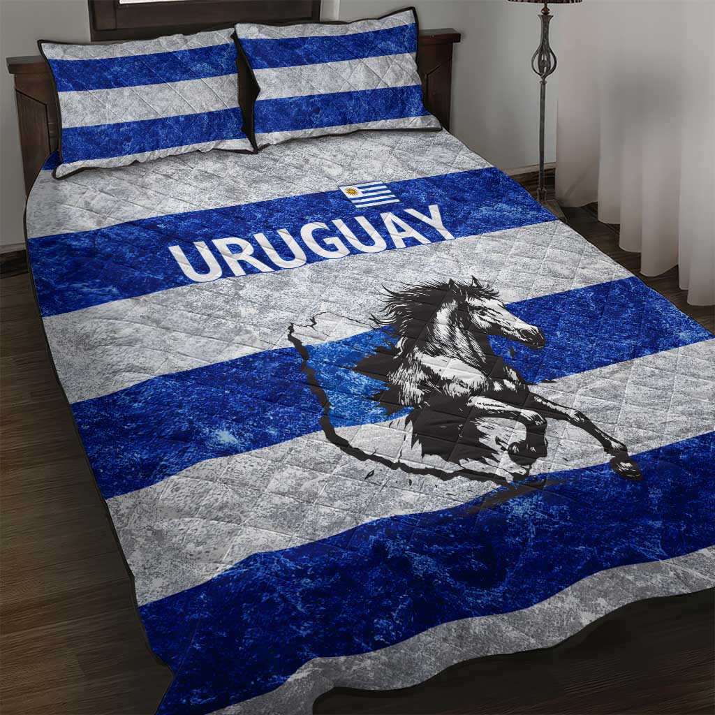 Uruguay Quilt Bed Set with Wild Horse Illustration Blue Gray Striped - Wonder Print Shop