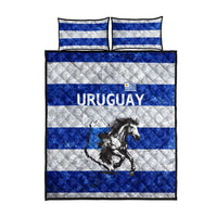 Uruguay Quilt Bed Set with Wild Horse Illustration Blue Gray Striped - Wonder Print Shop