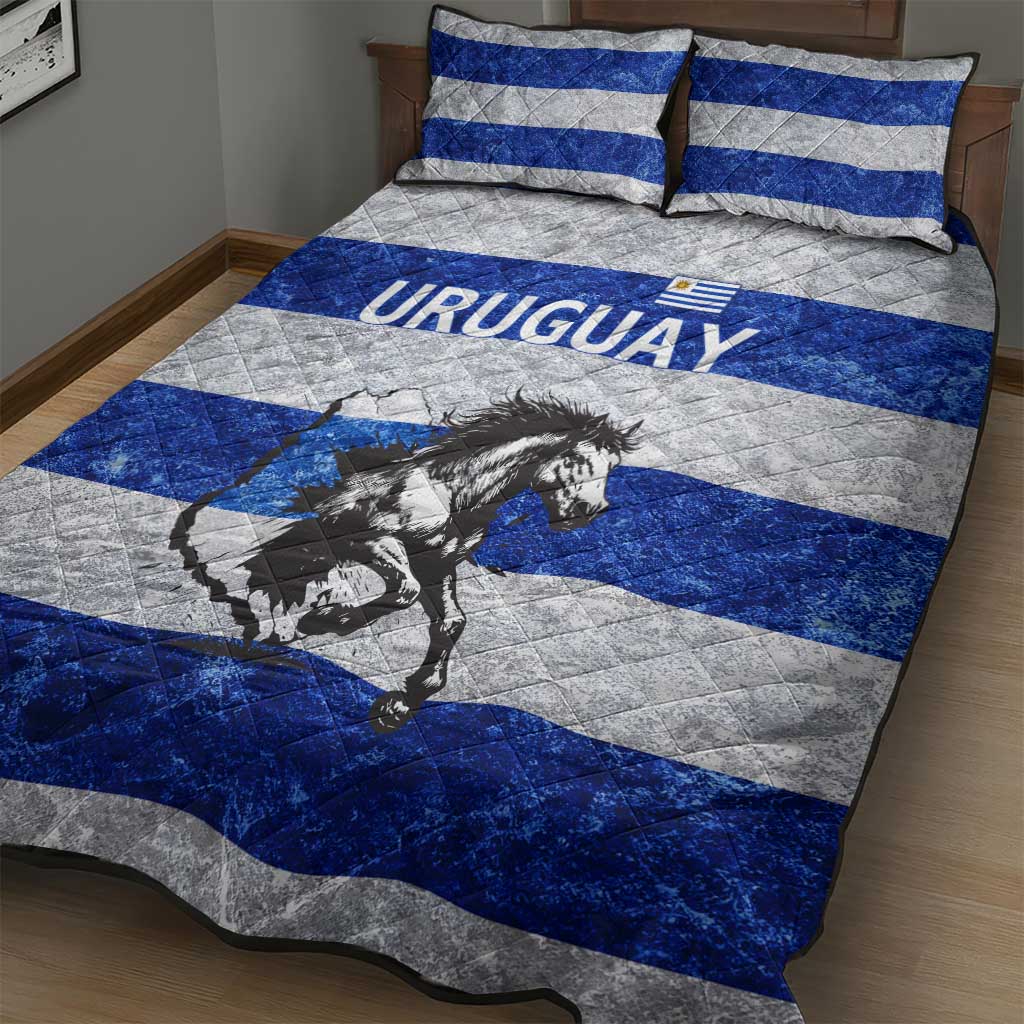 Uruguay Quilt Bed Set with Wild Horse Illustration Blue Gray Striped - Wonder Print Shop