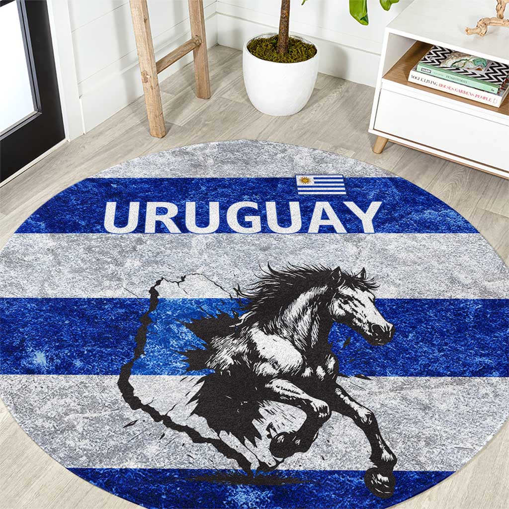 Uruguay Round Carpet with Wild Horse Illustration Blue Gray Striped - Wonder Print Shop