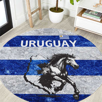 Uruguay Round Carpet with Wild Horse Illustration Blue Gray Striped - Wonder Print Shop