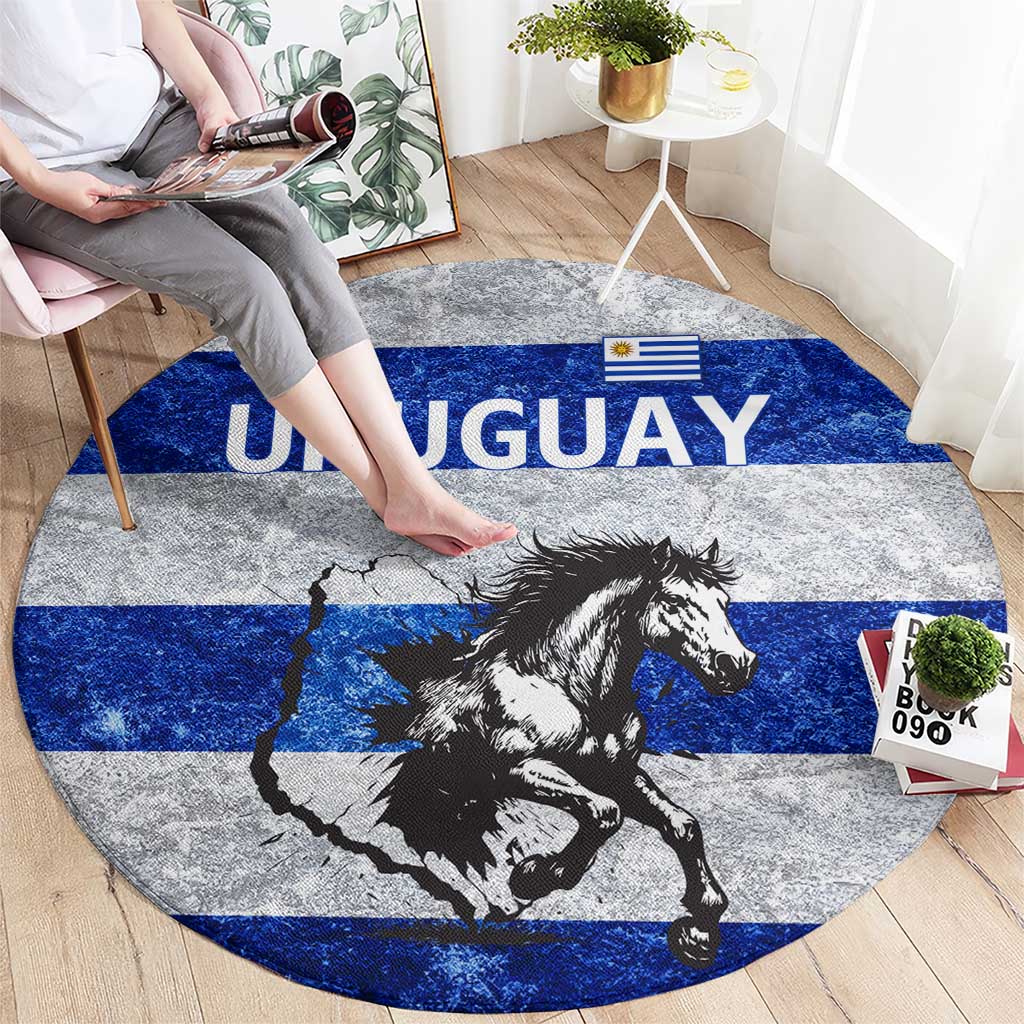 Uruguay Round Carpet with Wild Horse Illustration Blue Gray Striped - Wonder Print Shop