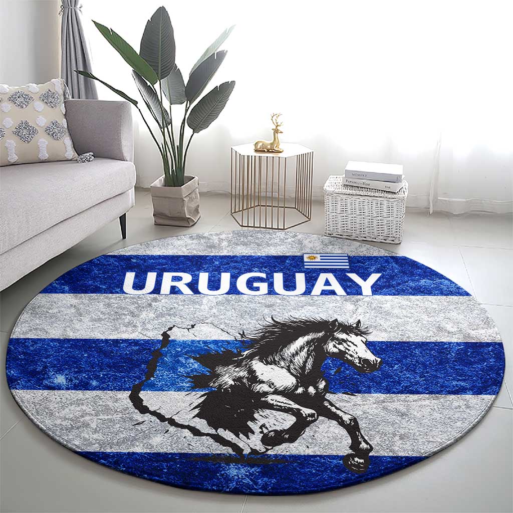 Uruguay Round Carpet with Wild Horse Illustration Blue Gray Striped - Wonder Print Shop