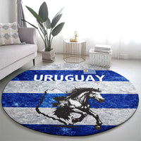 Uruguay Round Carpet with Wild Horse Illustration Blue Gray Striped - Wonder Print Shop