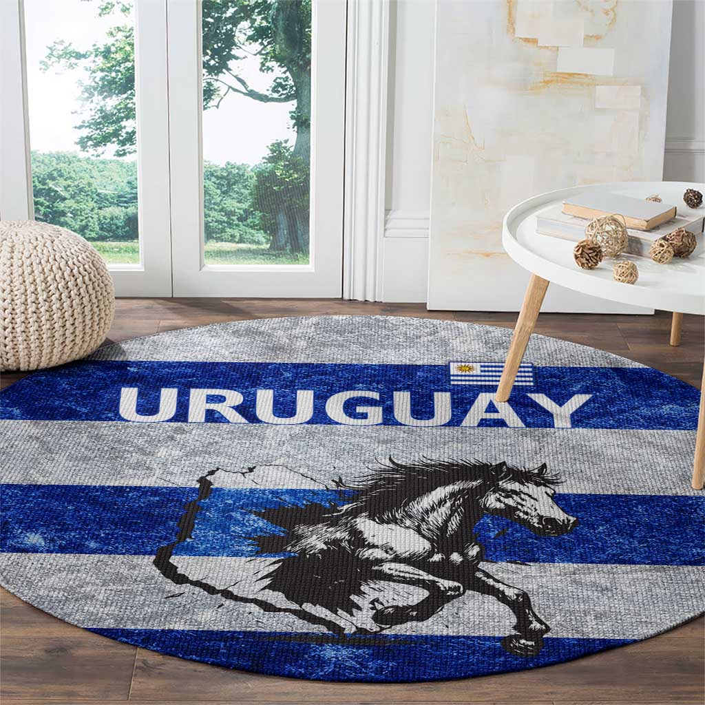 Uruguay Round Carpet with Wild Horse Illustration Blue Gray Striped - Wonder Print Shop