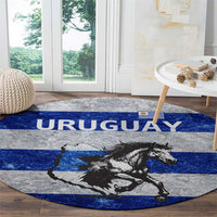 Uruguay Round Carpet with Wild Horse Illustration Blue Gray Striped - Wonder Print Shop