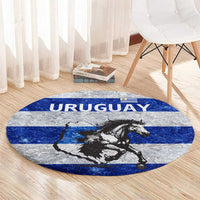 Uruguay Round Carpet with Wild Horse Illustration Blue Gray Striped - Wonder Print Shop